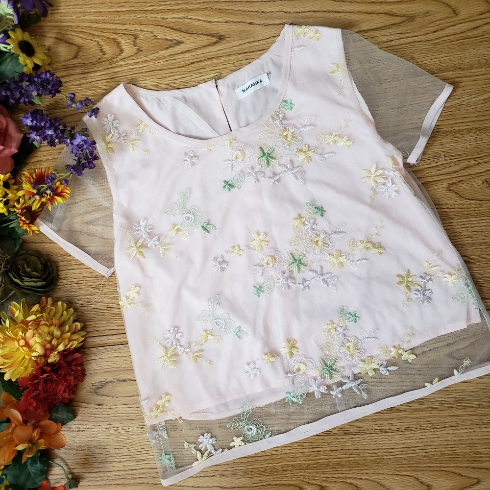 Naranka Blush Embroidered Sheer Overlay Top